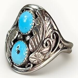 Men’s Signed NAVAJO Sterling Silver Kingman Turquoise 2 Stone Ring Sz 12.75 NEW